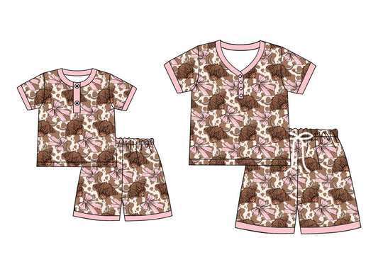 ( Moq 5 Each Style ) Baby Girl Adult Women Western Cow Bows Buttons Shorts Sibling Mommy And Me Family Pajamas Set 4.19