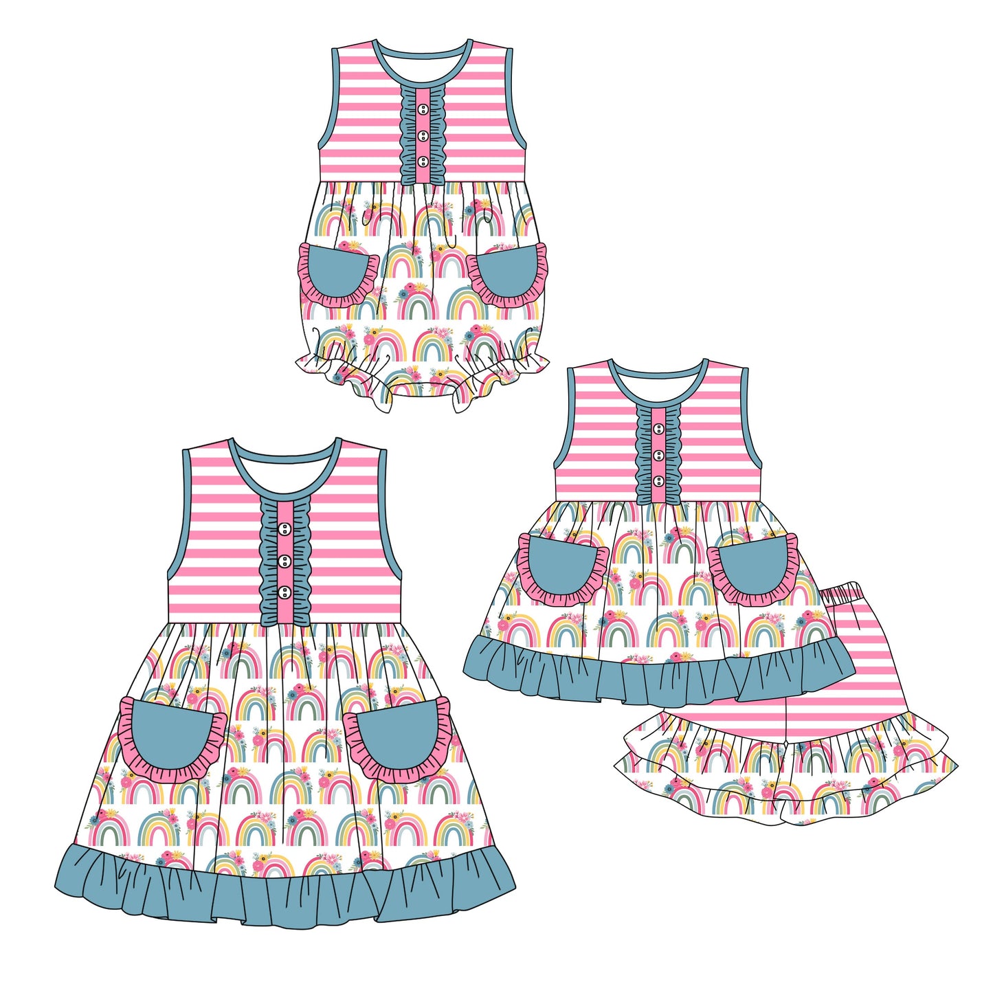 Baby Girl Rainbow Flower Pockets Sibling Dress Romper Set ( Moq 5 Each Style ) 12.16