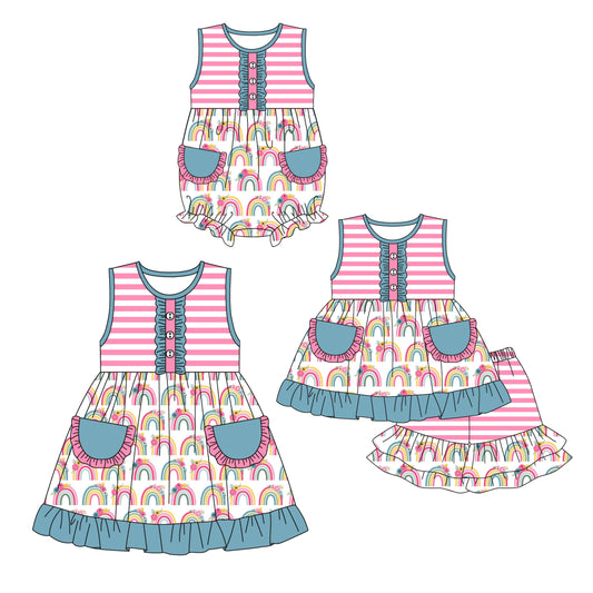 Baby Girl Rainbow Flower Pockets Sibling Dress Romper Set ( Moq 5 Each Style ) 12.16