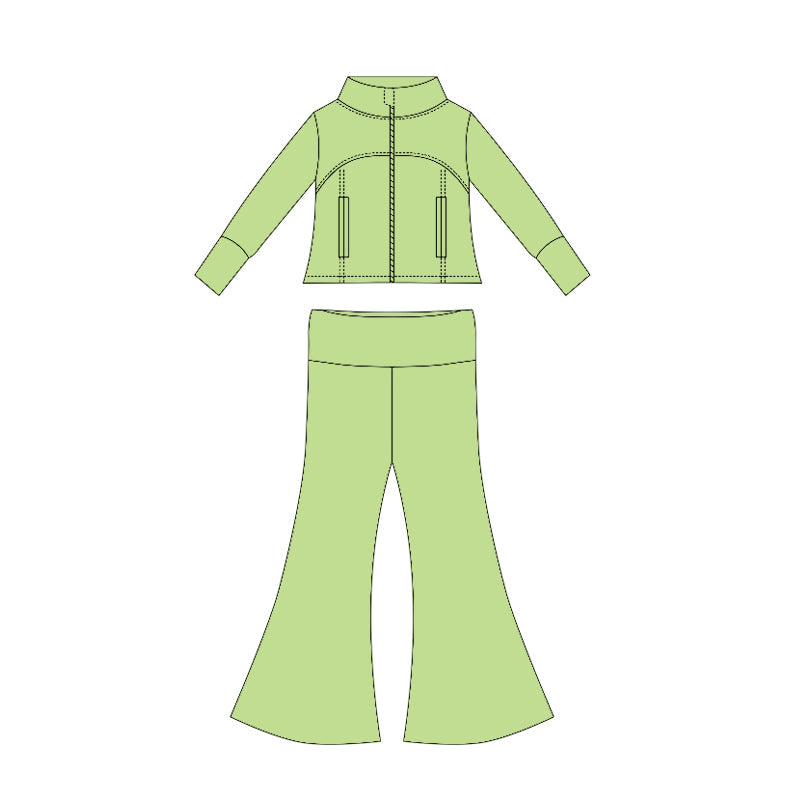 ( Moq 10 ) Baby Girl Green Long Sleeves Pockets Zipper Tops Bell Bottom Pant Set
