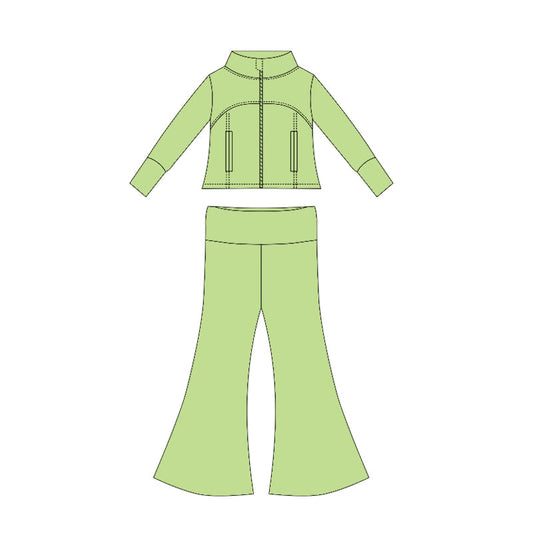 ( Moq 10 ) Baby Girl Green Long Sleeves Pockets Zipper Tops Bell Bottom Pant Set