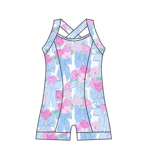 ( Moq 10 ) Baby Girl Straps Blue Bows Flowers Activity Wear Yoga Jumpsuit