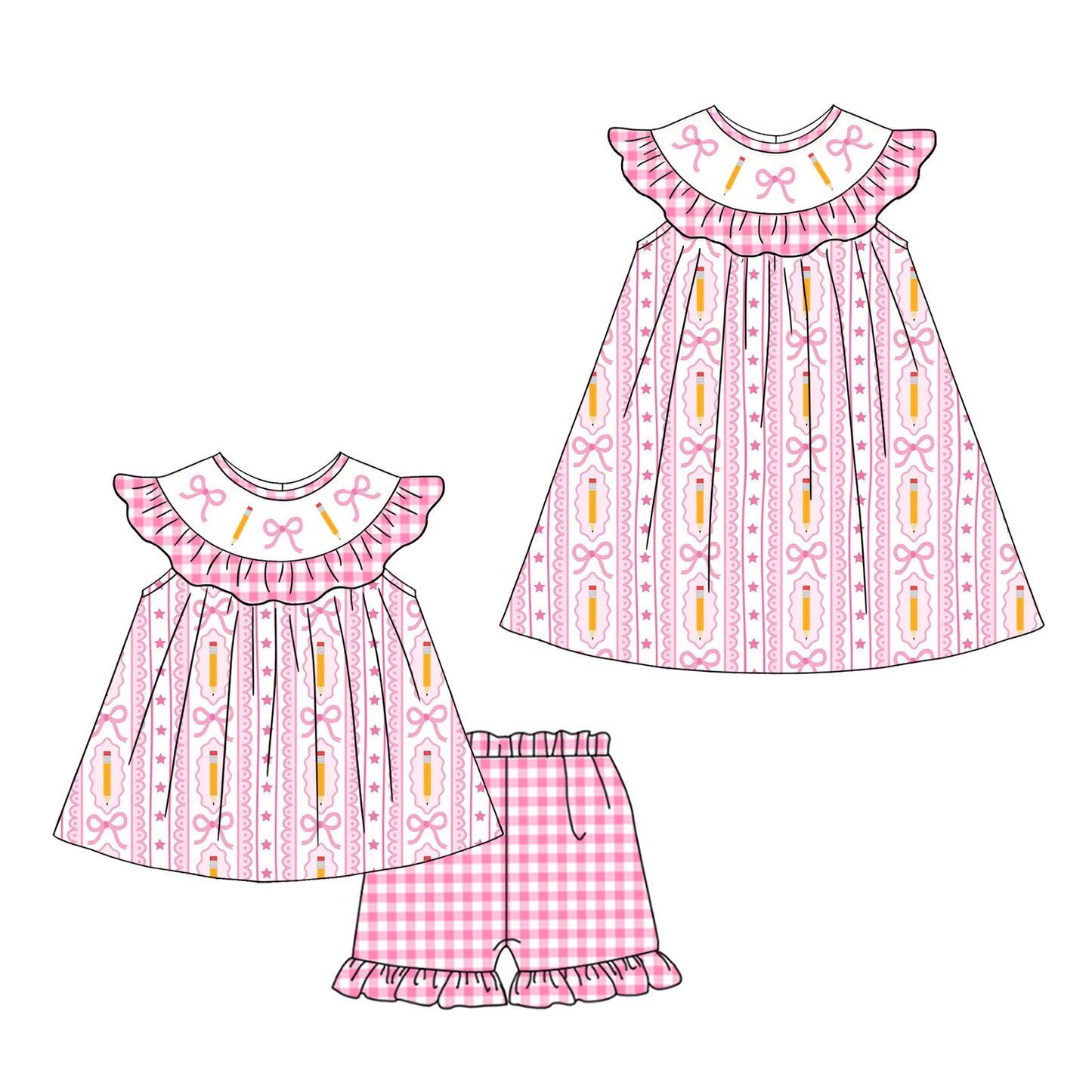 ( Moq 5 Each Style ) Baby Girls Kids Short Sleeves Pencil Bows Sibling Back to School Dress Set