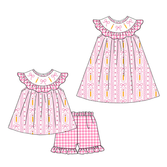 ( Moq 5 Each Style ) Baby Girls Kids Short Sleeves Pencil Bows Sibling Back to School Dress Set