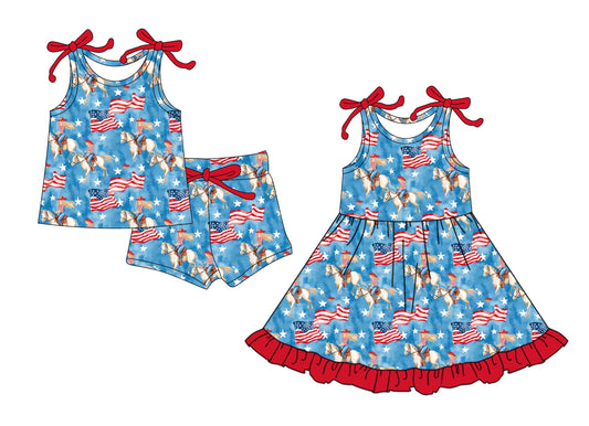 ( Moq 5 Each Style ) Baby Girl Bows Straps 4th Of July Sibling Dress Set 4.17