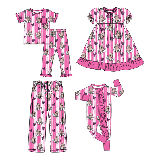 ( Moq 5 Each Style ) Girls Kids Adult Woman Rabbits Bows Easter Sibling Family Pants Romper Dress Set