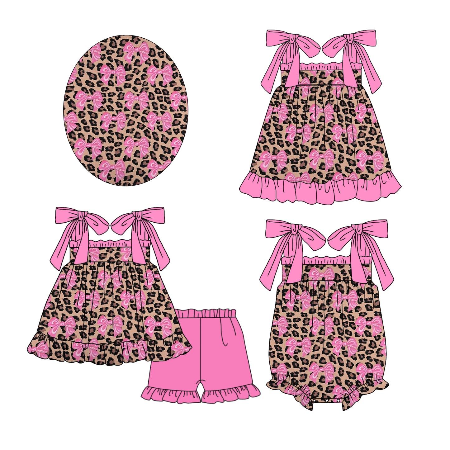 Baby Girl Straps Bows Leopard Sibling Romper Clothes Set ( Moq 5 Each Design )11.21