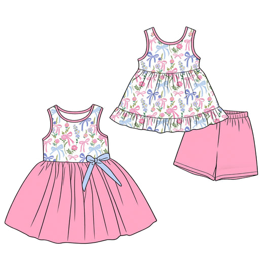 ( Moq 5 Each Style ) Sibling Baby Girls Kids Sleeveless Bows Flower Summer Dress Set Clothes