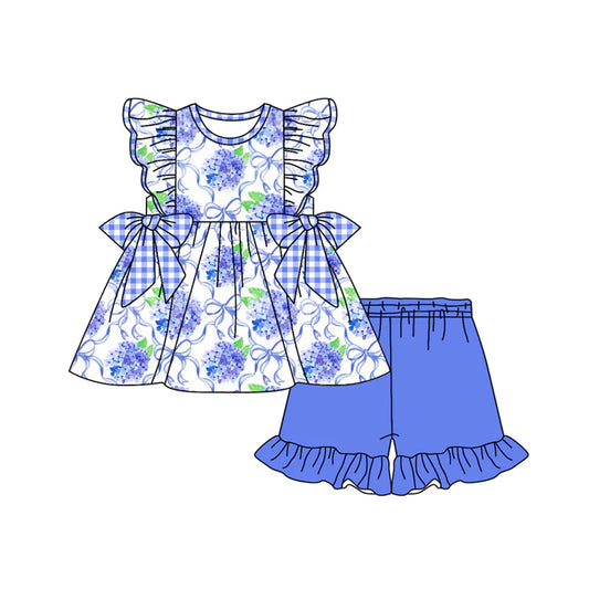 Baby Girl Flutter Sleeves Blue Floral Bows Tunic Ruffle Short Set ( Moq 5 )