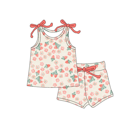 Baby Girl Bows Sleeveless Strawberry Flowers Top Short Set ( Moq 5 )