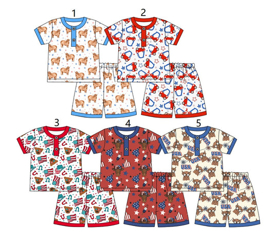 ( Moq 5 Each Style ) Sibling Baby Boys Kids Short Sleeves Western Cow Polo Shirts Shorts 4th of July Sets