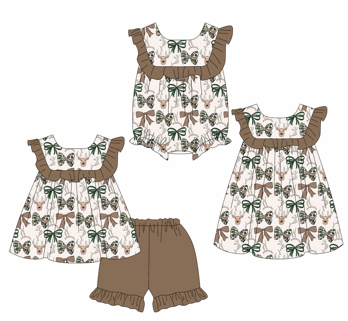 ( Moq 5 Each Style ) Sibling Baby Girls Kids Deer Bows Brown Ruffle Romper Dress Set Clothes