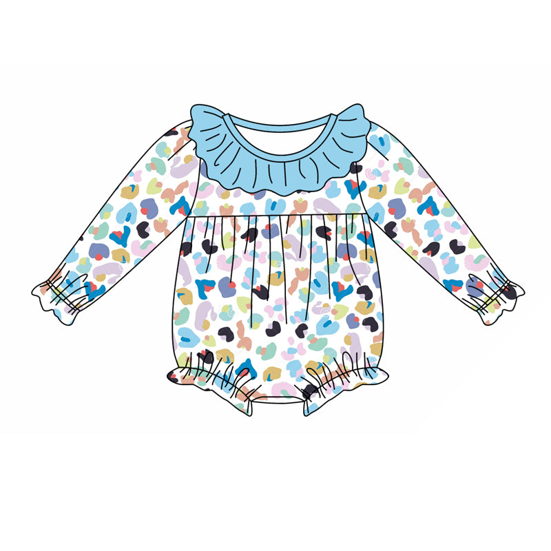 Baby Girl Infant Long Sleeves Blue Ruffle Leopard Bubble Romper