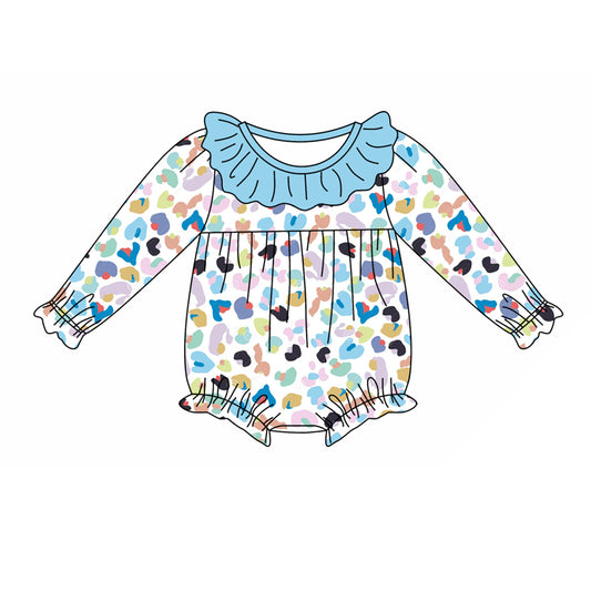 Baby Girl Infant Long Sleeves Blue Ruffle Leopard Bubble Romper