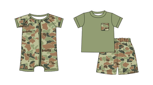( Moq 5 Each Style ) Baby Boys Short Sleeves Camo Print Sibling Zipper Green Romper Set