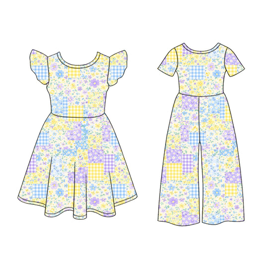 ( Moq 5 Each Style ) Sibling Baby Girls Kids Short Sleeves Flower Plaid Dress Jumpsuit Clothes