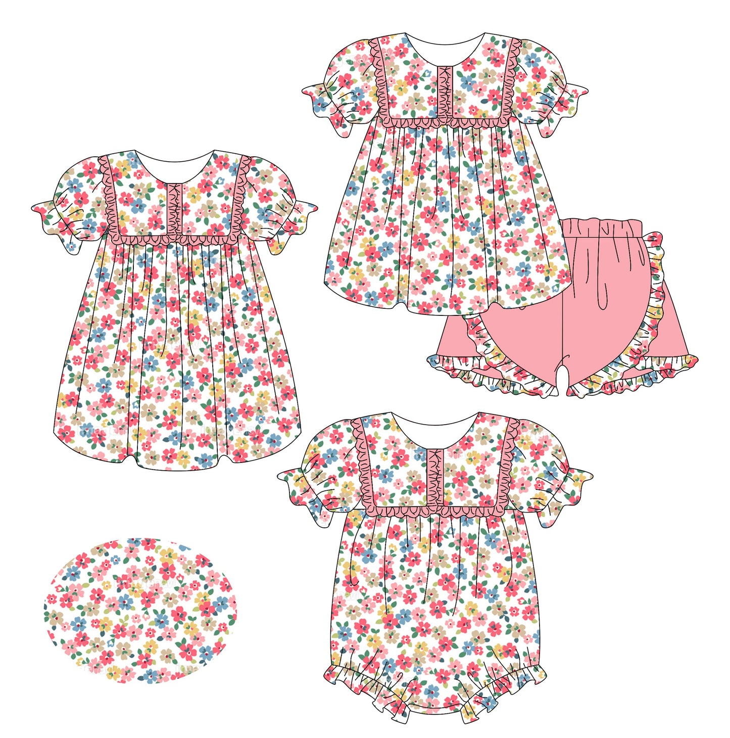 Baby Girl Short Sleeves Flower Ruffle Sibling Romper Dress Set ( Moq 5 Each Style ) 2.13