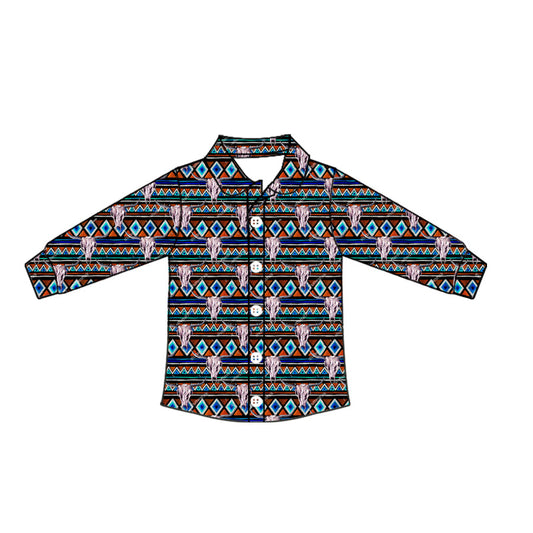 ( Moq 5 ) Baby Boy Long Sleeves Western Aztec Bull Skull Button Shirt Tops