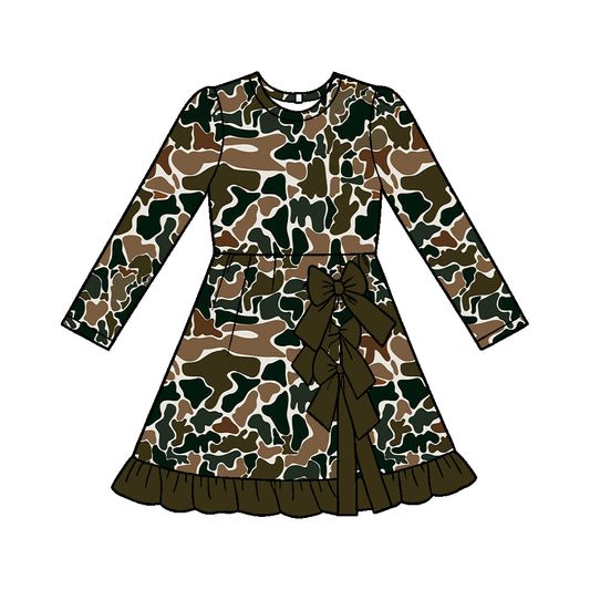 ( Moq 5 ) Baby Girls Kids Long Sleeves Brown Camo Print Shorts Bows Ruffle Dress Clothes