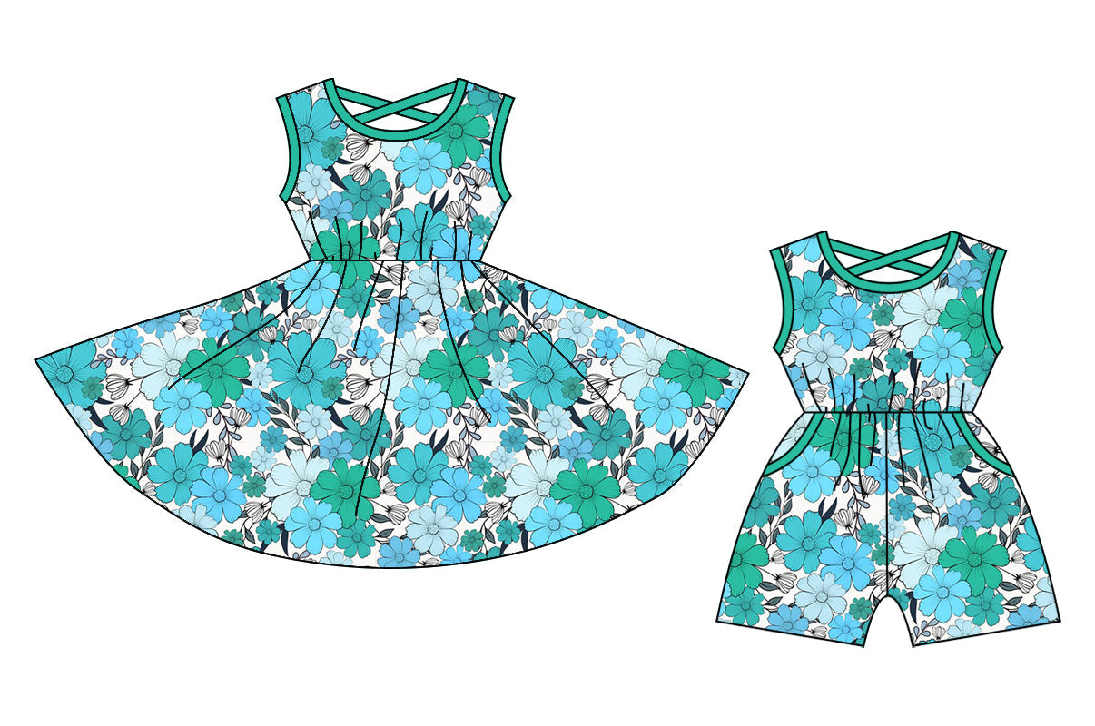 Baby Girl Sleeveless Green Blue Flower Sibling Dress Jumpsuit ( Moq 5 Each Style ) 12.20