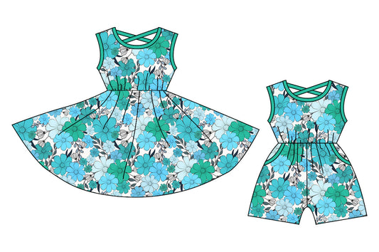 Baby Girl Sleeveless Green Blue Flower Sibling Dress Jumpsuit ( Moq 5 Each Style ) 12.20