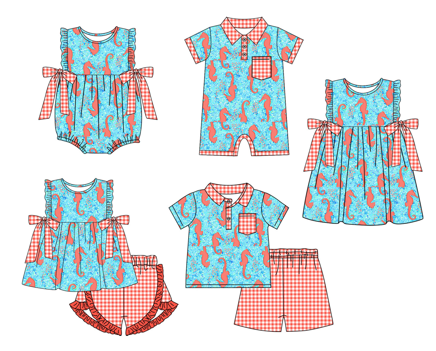 Baby Boy Girl Sea Horse Summer Sibling Romper Dress Set ( Moq 5 Each Style ) 3.10
