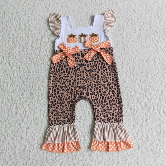 Baby Girl Sleeveless Embroidery Pumpkins Leopard Ruffle Romper RTS