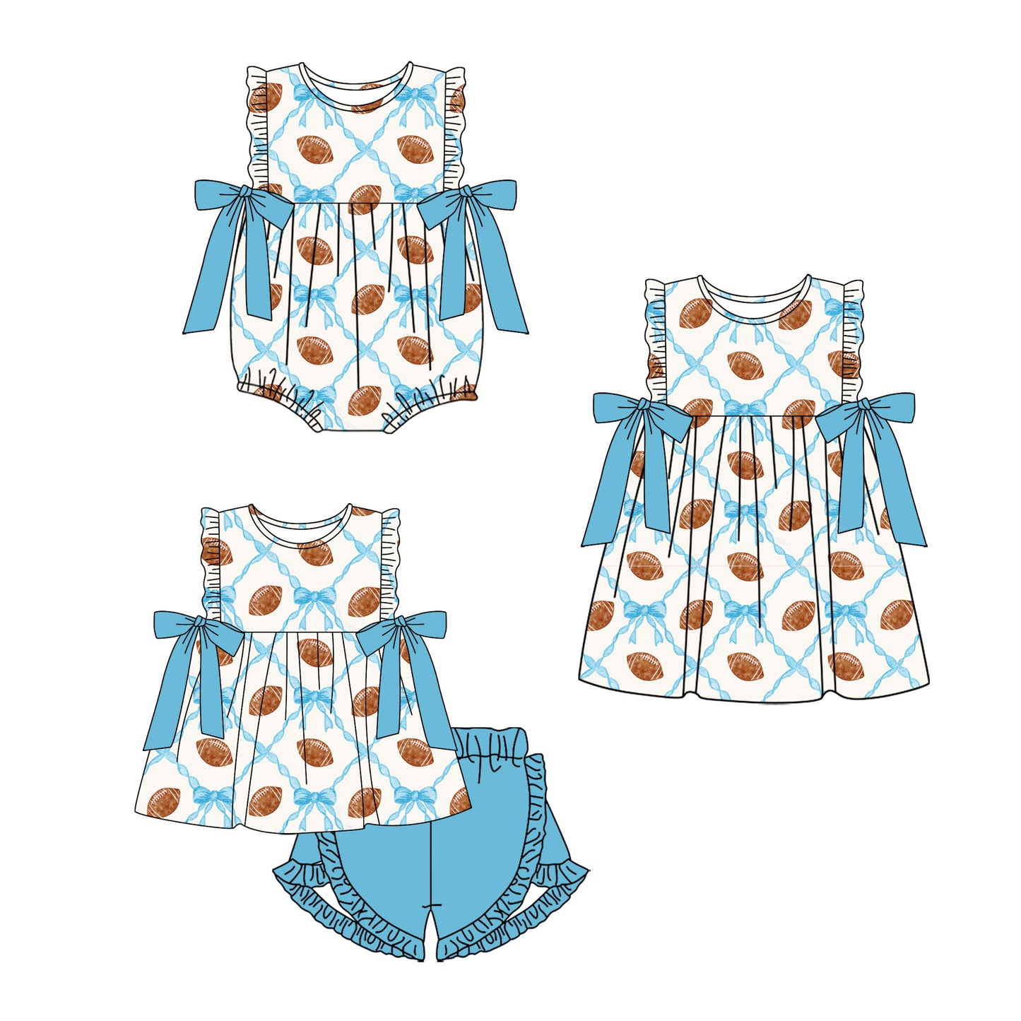 Baby Girl Football Bows Sibling Summer Romper Dress Clothes Set ( Moq 5 Each Design )11.25