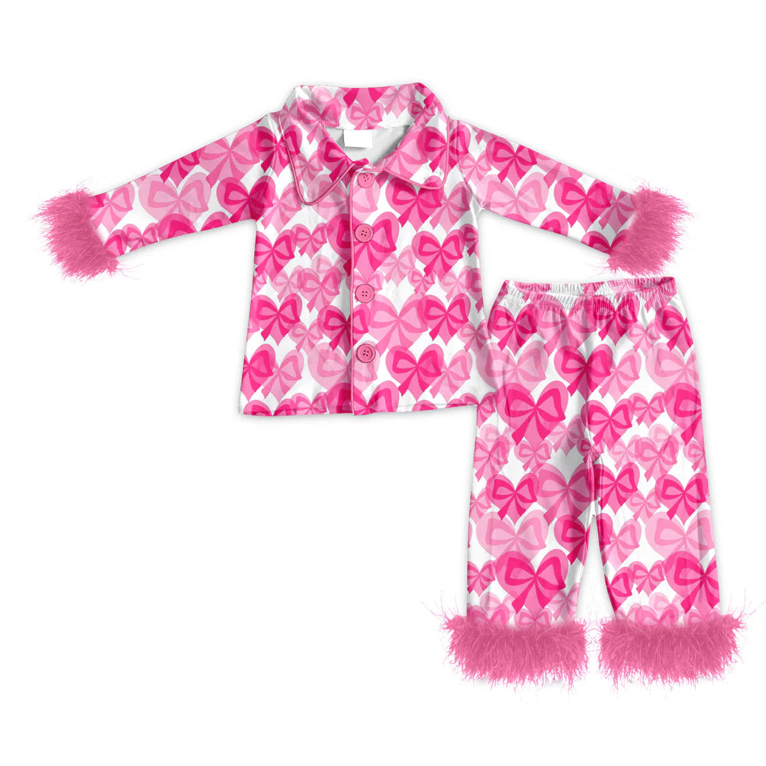( Moq 5 ) Baby Girls Fur Long Sleeves Buttons Shirt Pants Pajamas Hearts Bows Valentine Set