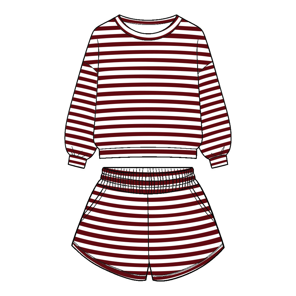 ( Moq 5 ) Baby Girls Kids Long Sleeves Stripes Shirt Pockets Shorts Team Set Clothes