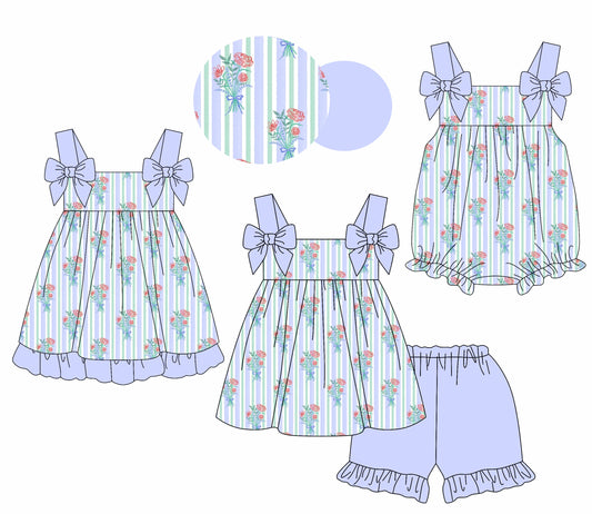 Baby Girl Straps Flower Bows Stripes Sibling Romper Dress Set ( Moq 5 Each Style ) 1.21