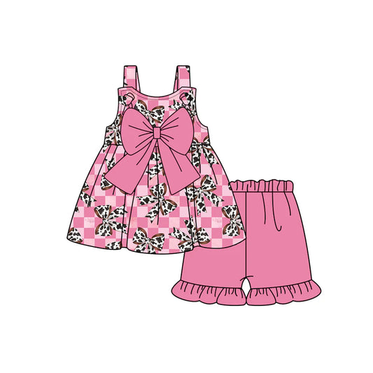 Baby Girl Pink Straps Cow Print Bows Tunic Ruffle Shorts Set ( Moq 5 )