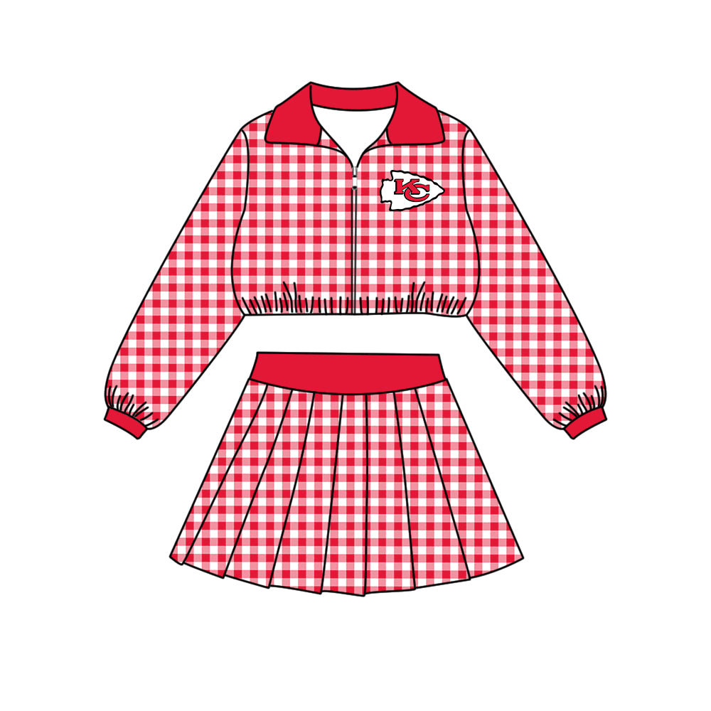 ( Moq 5 ) Baby Girls Kids Long Sleeves Plaid Zipper Tops Skirt Shorts Team Set Clothes