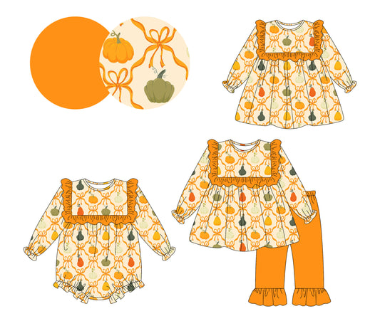 ( Moq 5 Each Style ) Sibling Baby Girls Kids Long Sleeves Pumpkins Bows Orange Romper Dress Set Clothes