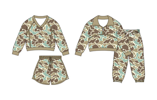 ( Moq 5 Each Style ) Sibling Baby Boys Girls Green Camo Long Sleeves Zipper Shirt Shorts Pants Sets