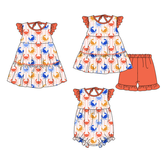 ( Moq 5 Each Style ) Sibling Baby Girls Kids Crabs Stripes Romper Dress Set Summer Clothes