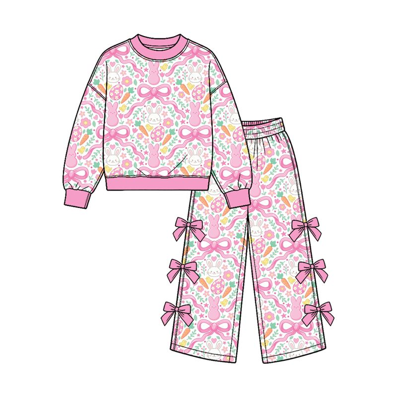 ( Moq 5 ) Preorder Baby Girls Kids Rabbits Eggs Flower Shirt Bows Pants Easter Set Clothes