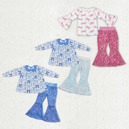 Sibling Baby Girls Long Sleeves Bows Tops Sequins Bell Pants Sets Clothes RTS
