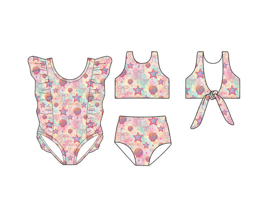 ( Moq 5 Each Style ) Baby Girls Kids Shell Bows Sibling Summer One-piece Swimsuit Set