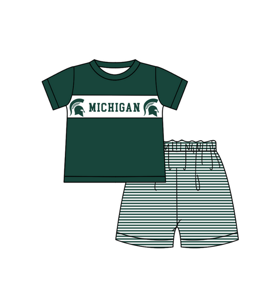 ( Moq 5 ) Baby Boys Toddler Short Sleeves Green Shirt Stripes Shorts Team Summer Set