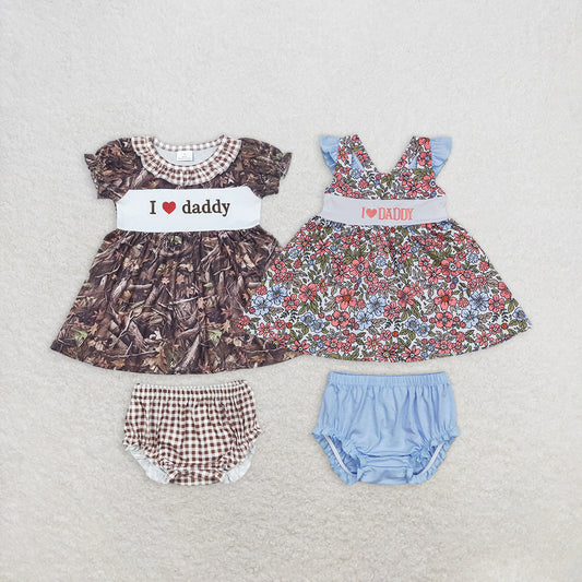 Baby Girl Summer Embroidery I Love Daddy Flower Camo Tunic Bummie Sibling Set RTS