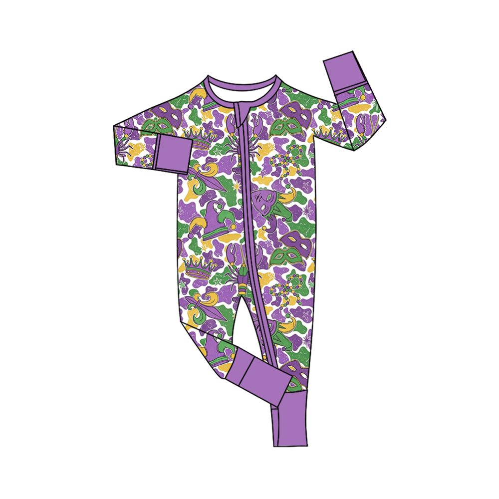 ( Moq 5 ) Preorder Baby Toddler Kids Crawfish Masks Camo Print Mardi Gras Zipper Footie Sleeper Romper Clothes