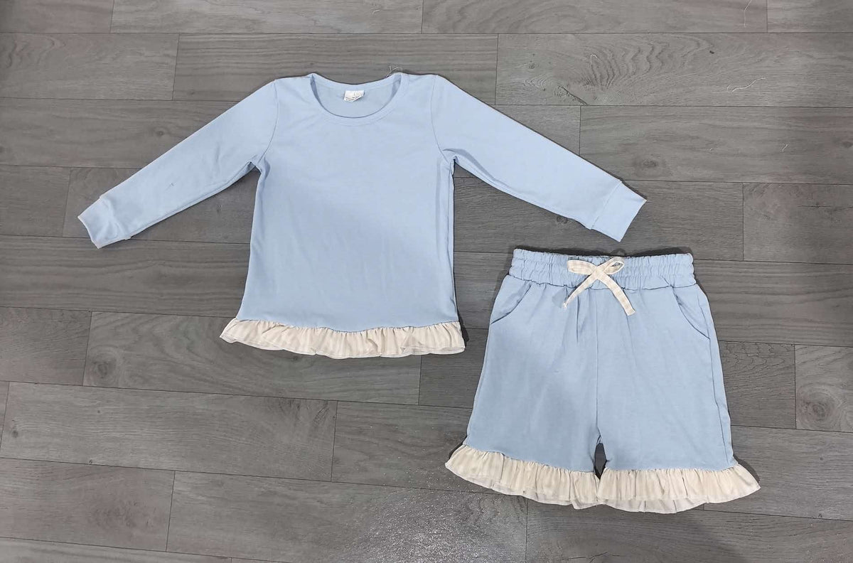 ( No moq ) Preorder Baby Girls Kids Long Sleeves Blue Shirt Stripes Shorts Set Cotton Clothes