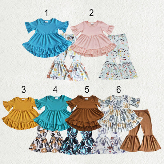 Sibling Baby Girls Short Sleeves Ruffle Tunic Western Print Bell Pants Clothes Sets RTS