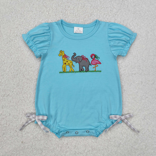 Baby Girl Infant Short Sleeves Embroidery Animals Bubble Romper