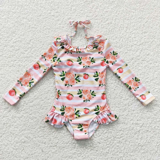 S0139 Baby Girl Peach Floral One Piece Summer Swimsuit