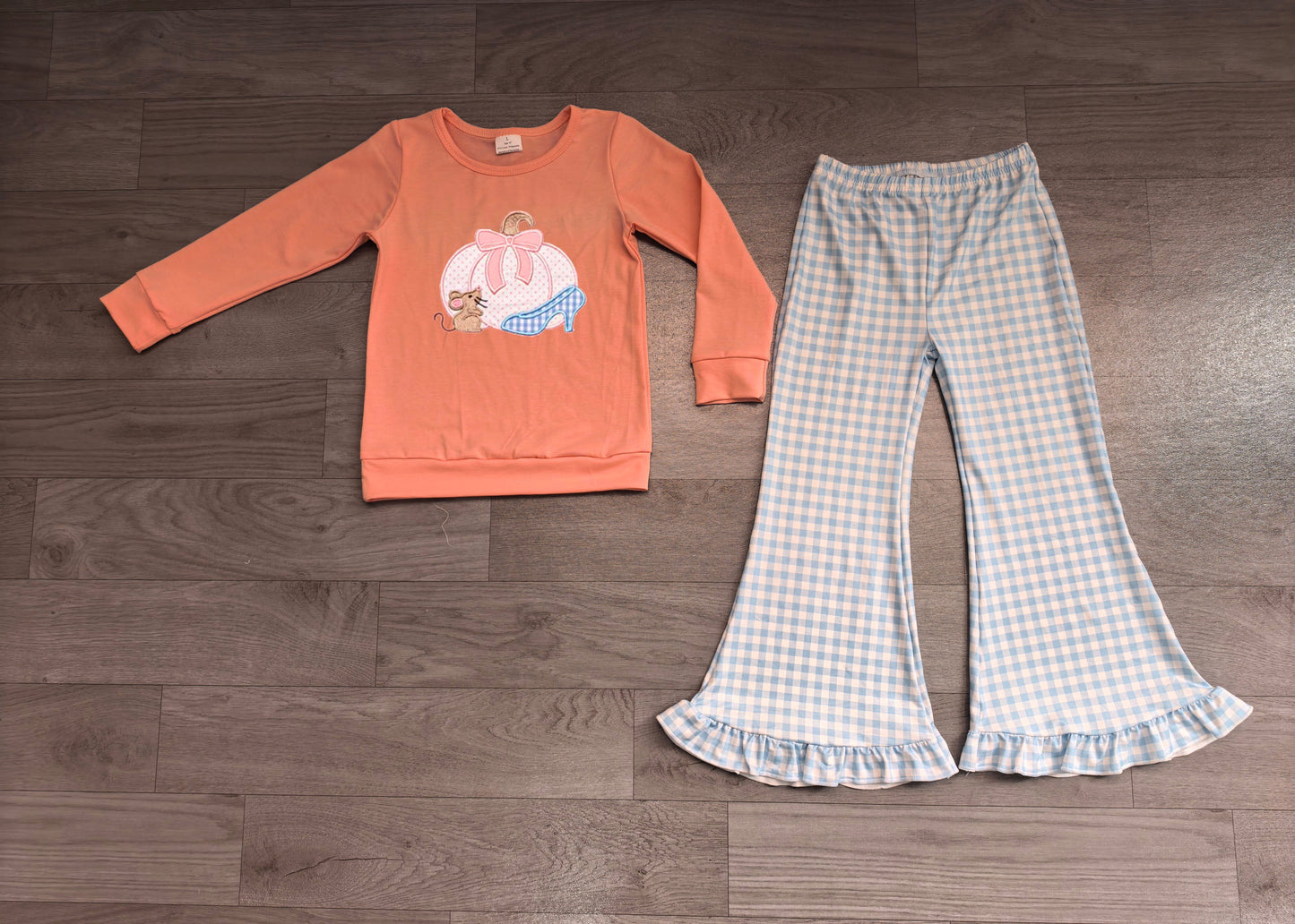( No moq ) Preorder Baby Girls Kids Embroidery Pumpkin Bows Tops Blue Plaid Pants Set Fall Clothes