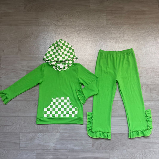 ( No moq ) Preorder Baby Girls Kids Checked Pocket Hoodie Shirt Pants Green Set Cotton Clothes