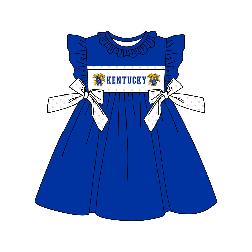 Baby Girl Short Sleeves Tiger Team Bows Knee Length Blue Dress Moq 5