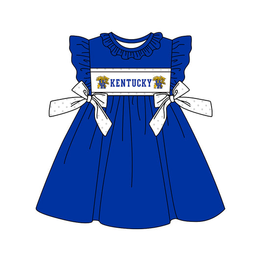 Baby Girl Short Sleeves Tiger Team Bows Knee Length Blue Dress Moq 5